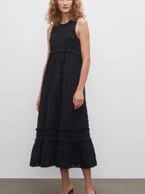 Club Monaco Black Smocked Midi Dress Formal Size XS High Neck